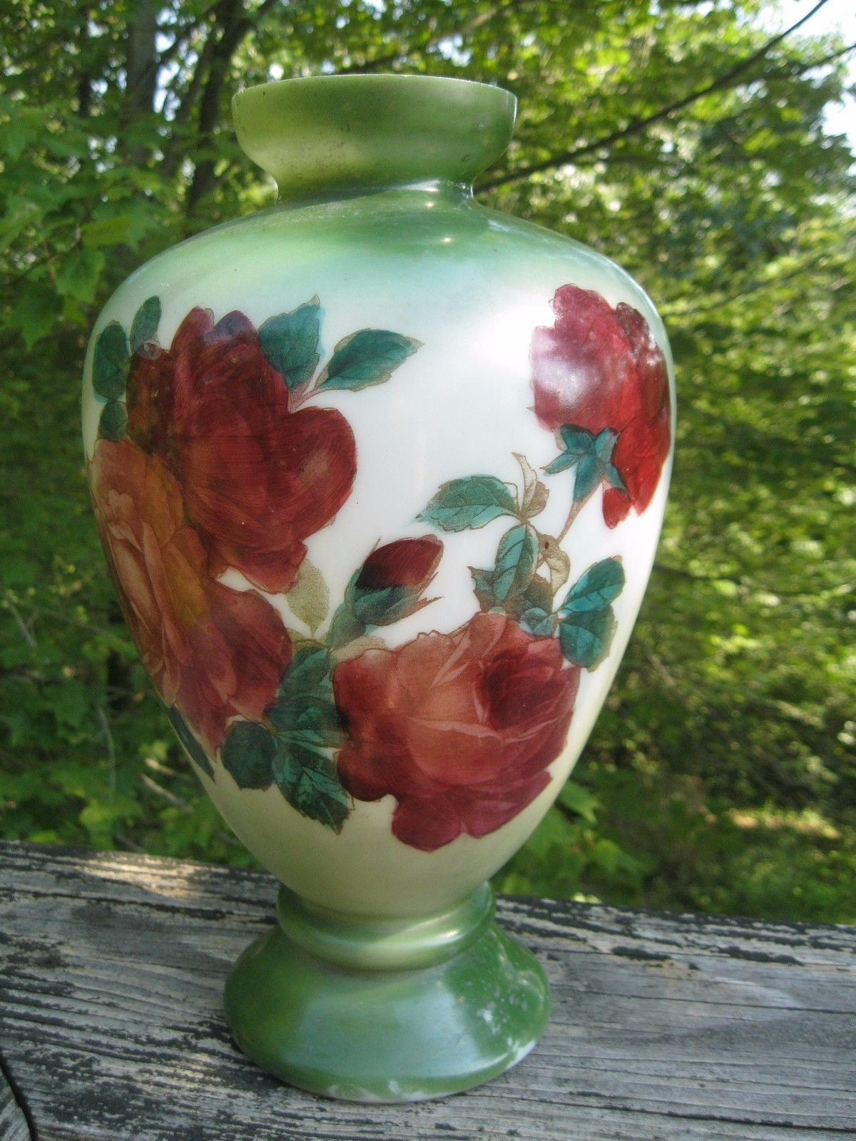 Belleek Vase Ebay Of Antique Bristol Glass Vase Green W Large Red Roses Lovely Victorian In Antique Bristol Glass Vase Green W Large Red Roses Lovely Victorian 12 Vintage Ebay