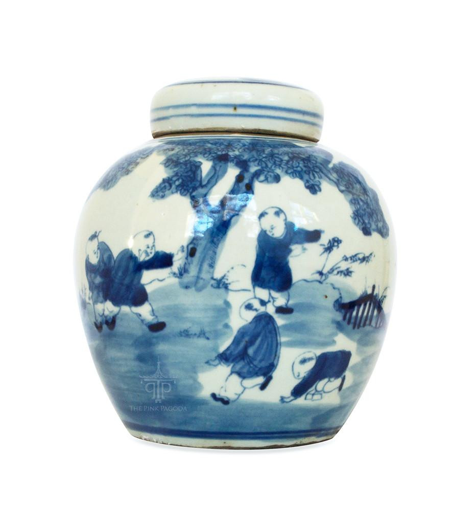Blue and White Jars and Vases Of Blue and White Chinese Melon Jar with Five Boys Playing the Pink with Small Blue and White Chinese Melon Jar with Five Boys Playing Ceramic Od