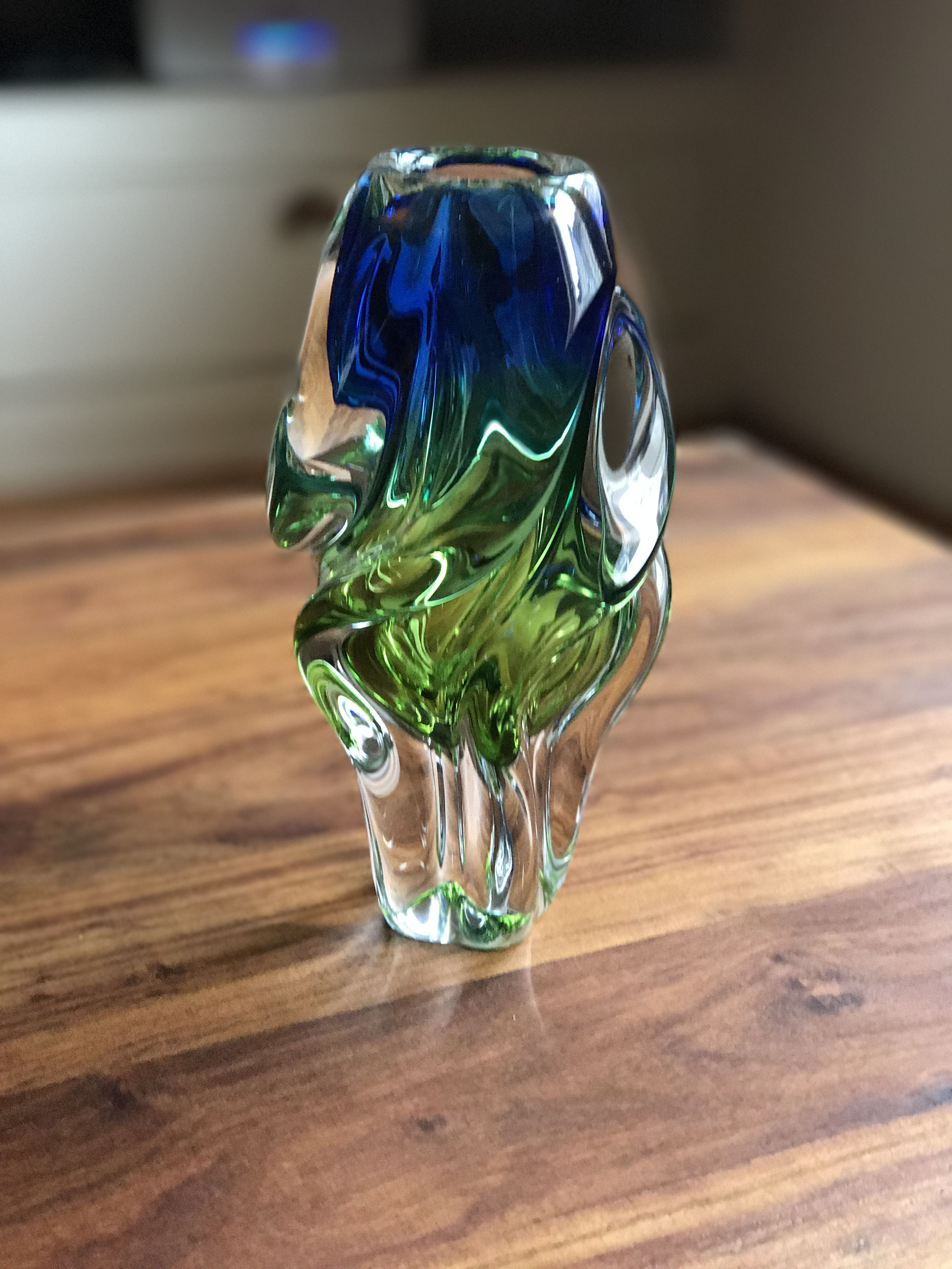 Bohemian Cut Crystal Vase Of Chribska Designed by Josef Hospodka Czech Art Glass Bohemia Twisted Inside Chribska Designed by Josef Hospodka Czech Art Glass Bohemia Twisted Vase Blue and Green