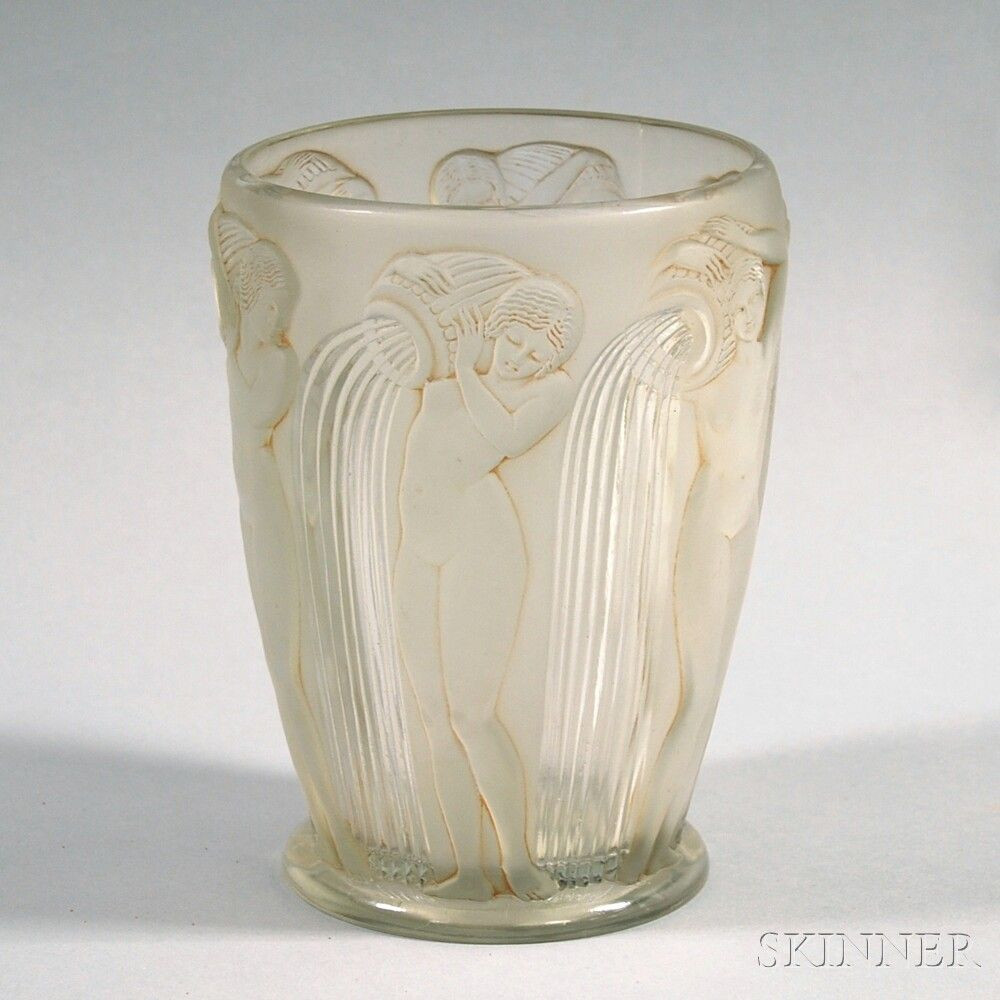 cartier crystal vase of lalique art deco style frosted glass vase 20th century for lalique art deco style frosted glass vase 20th century cylindrical tapering body decorated w nude maidens pouring water marked on underside r lalique