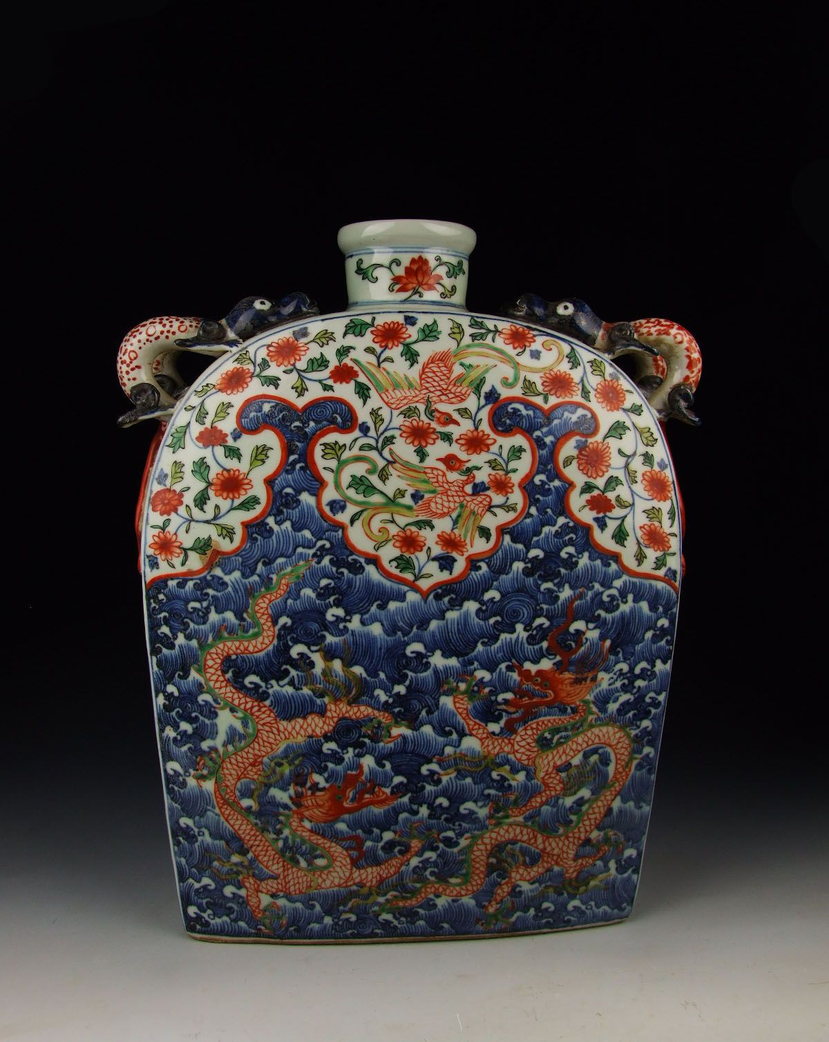 chinese flower vase porcelain of ming dynasty jiajing reign five colored and blue underglaze pertaining to ming dynasty jiajing reign five colored and blue underglaze decoration porcelain square flat vase with sea dragon pattern