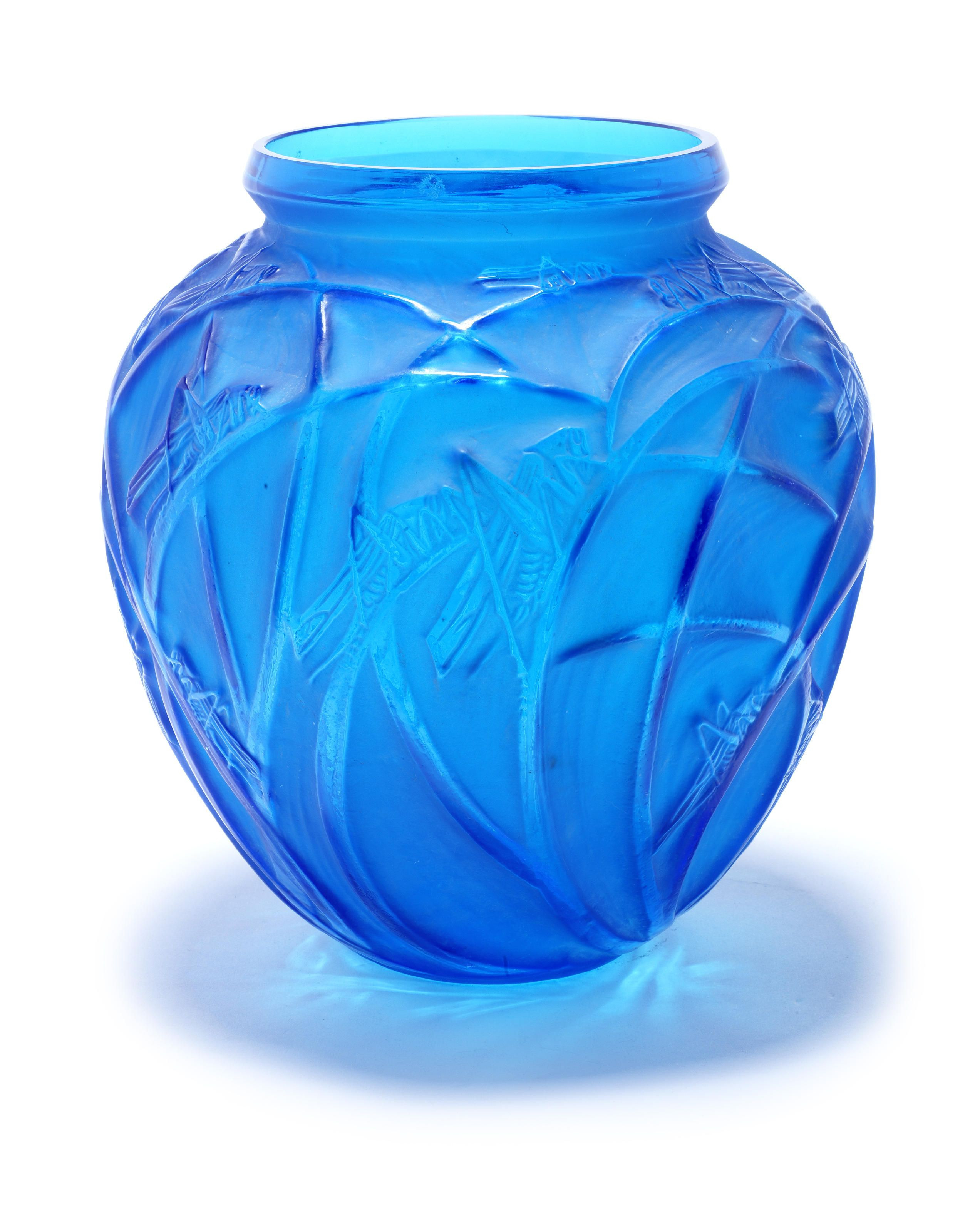 Clear Colored Glass Vases Of Rena Lalique Sauterelles A Vase Design 1913 Electric Blue Glass In Glass Art