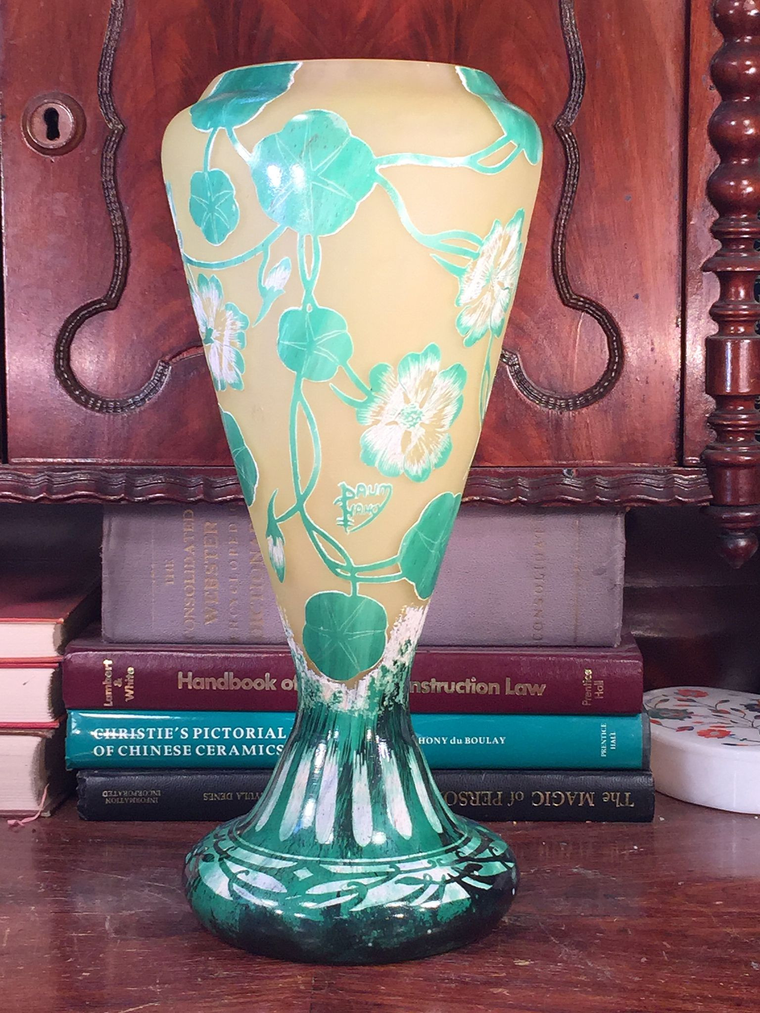 daum glass vase of lovely art nouveau style glass cameo mould blown european handcraft with lovely art nouveau style glass cameo mould blown european handcraft vase with yellow ground color and green and white foliage design signed daum nancy