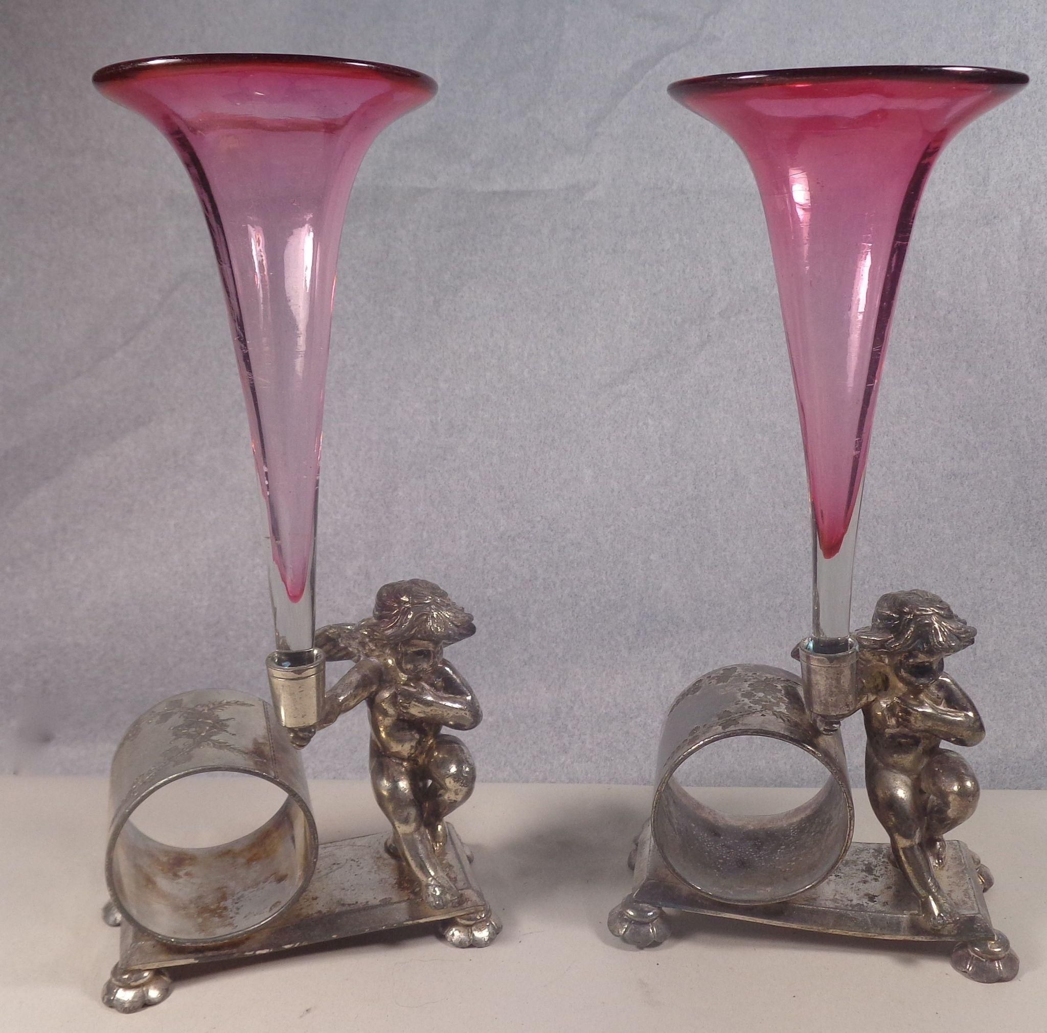 glass bud vase inserts of cranberry glass vases with meriden napkin holder beautiful art with regard to i am pleased to offer this pair of antique cherub figural napkin rings with cranberry glass bud vases by meriden b company usa