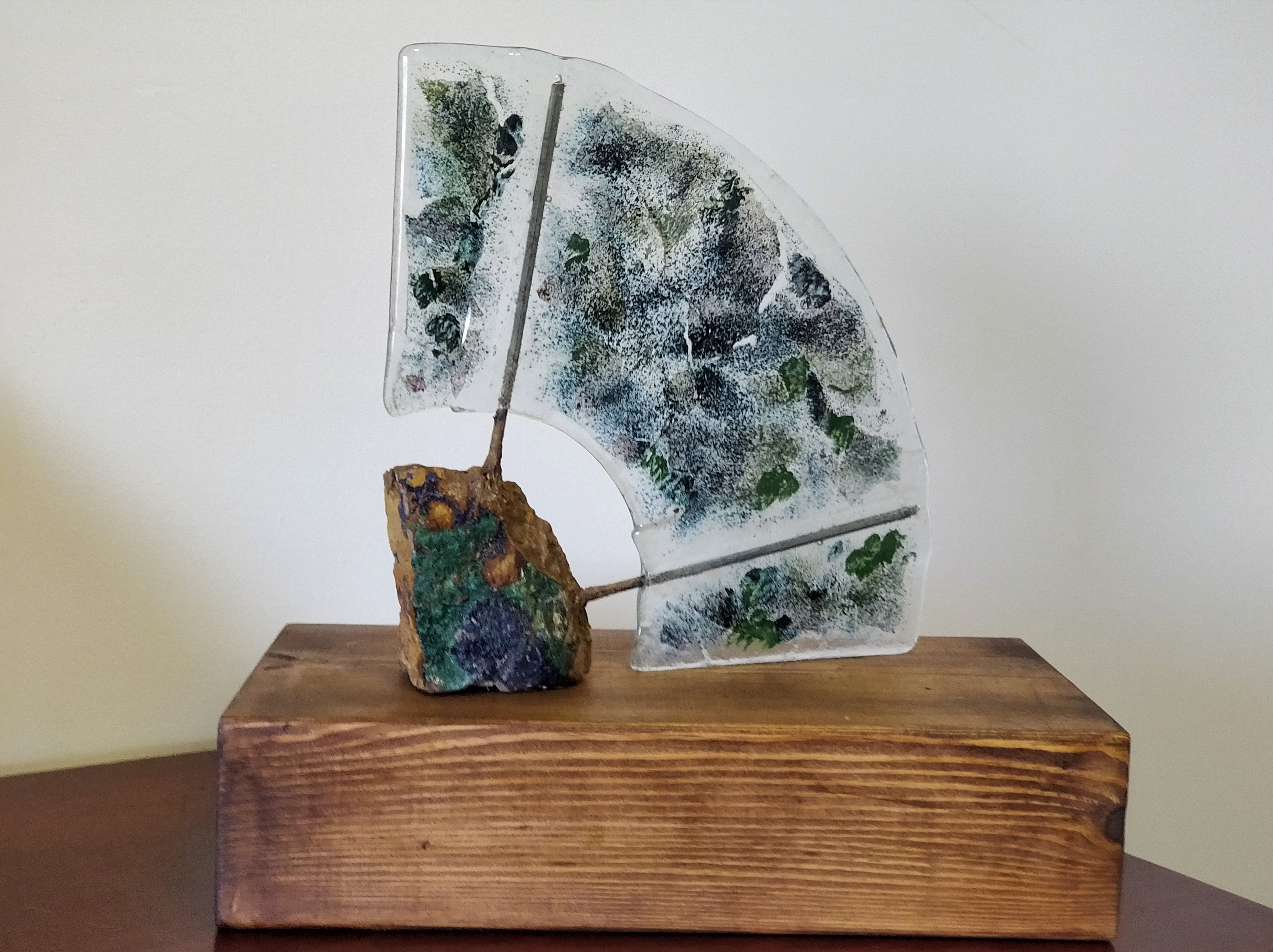 Glass Vase with Wooden Base Of An Ode to Minerals Made Of Rock Fused Glass and Metal On Wooden with Regard to An Ode to Minerals Made Of Rock Fused Glass and Metal On Wooden Base by Beth Erez 35x36x18 Cm