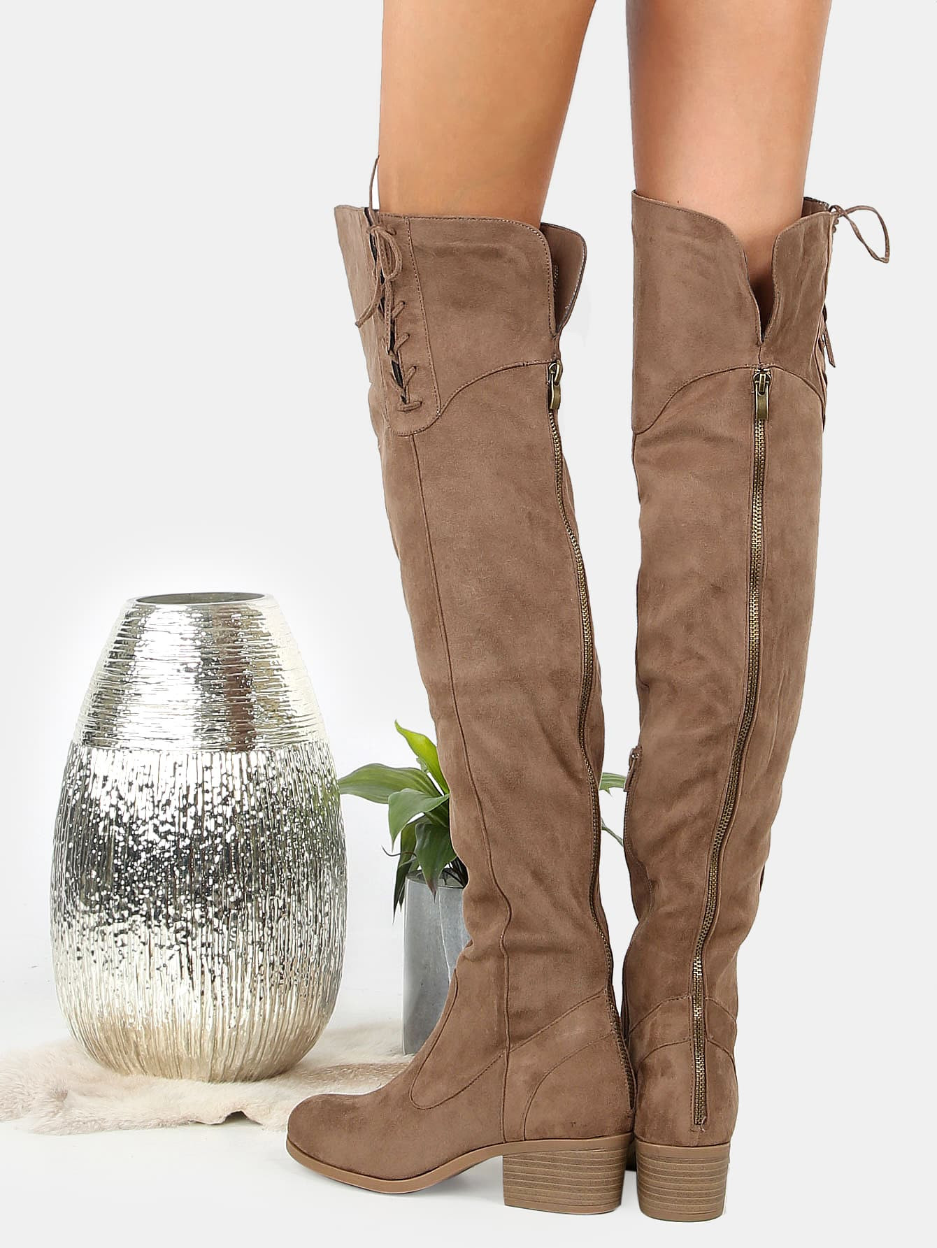 High Heel Vase Of Faux Suede Over Knee Lace Boots Taupe Sheinsheinside In 14708175586655456630