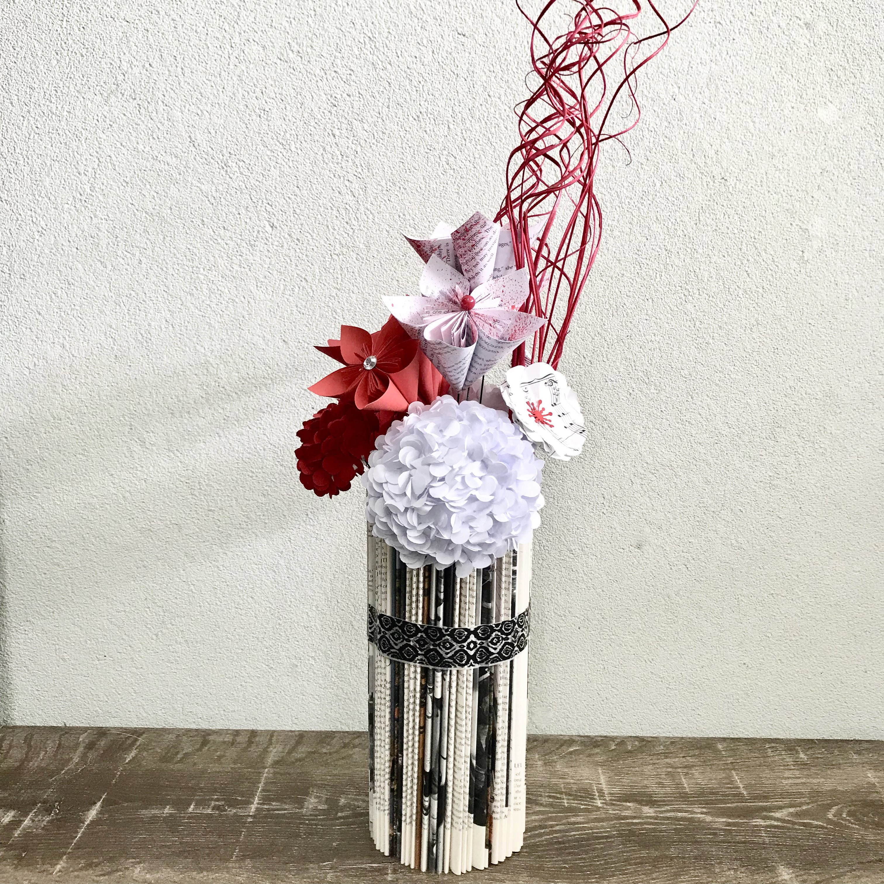 Hydrangea and Rose Arrangement In Glass Vase Of Red and White Hydrangea Flowers Gift Shack Inside Left Side View Of Red and White Paper Flower Arrangement with 1 Hydrangea 3 Kusudama