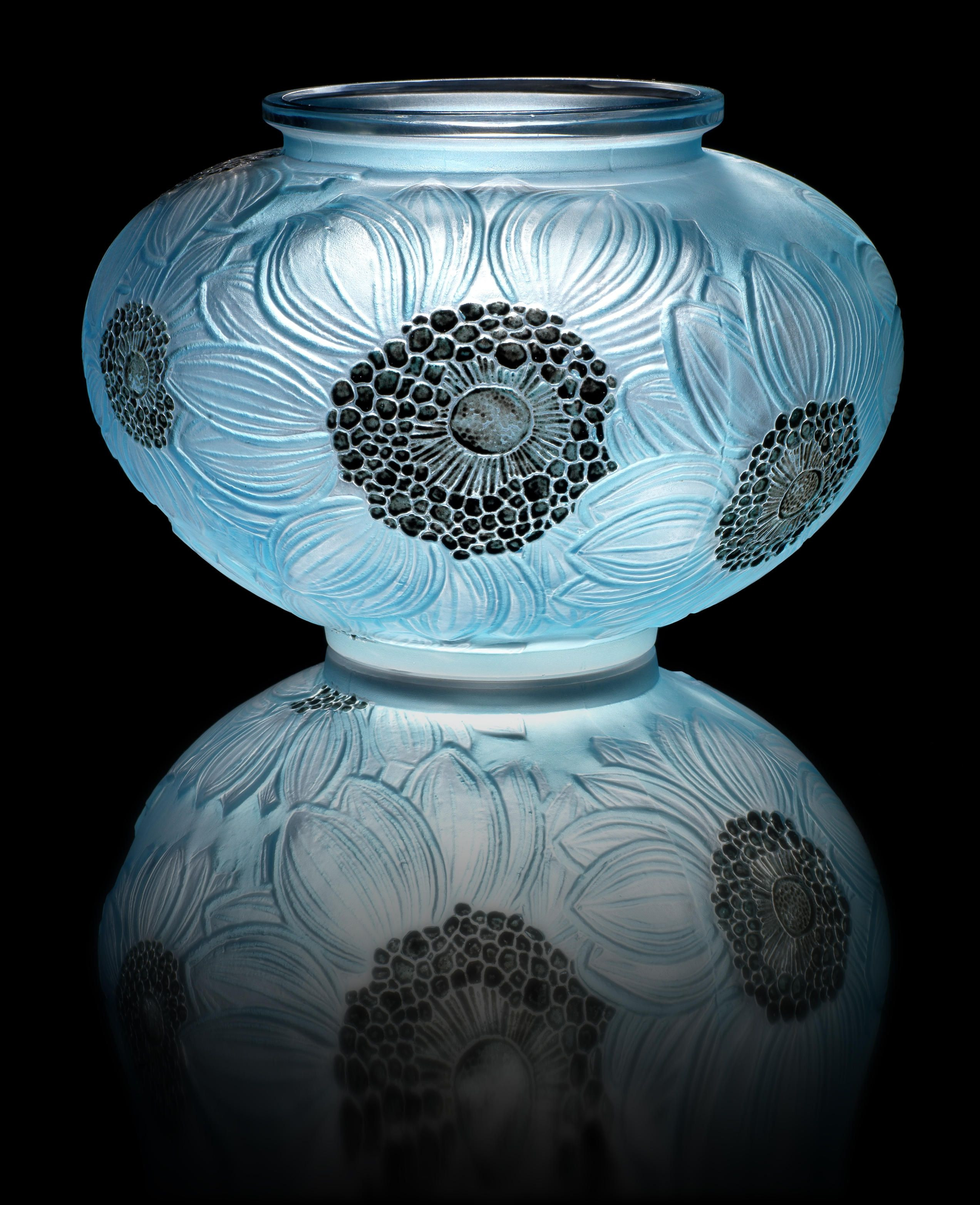 lalique bacchantes vase large of rena lalique dahlias a vase design 1923 frosted glass heightened within rena lalique dahlias a vase design 1923 frosted glass heightened with blue staining and black enamel 12 4cm high
