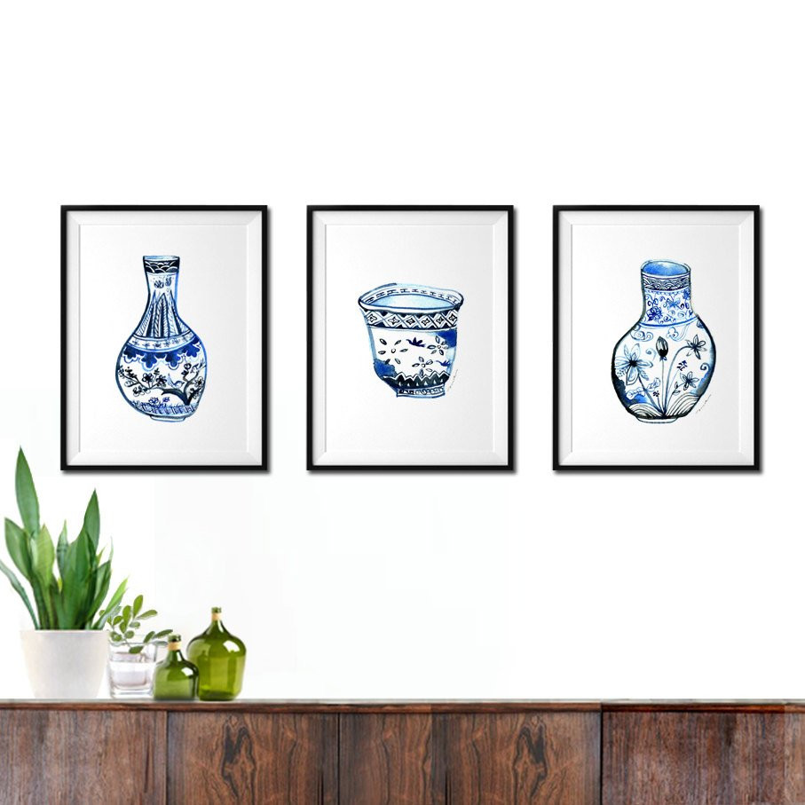 ming dynasty blue and white vase of blue and white ginger jar fine art kitchen wall art set of 3 pertaining to dzoom
