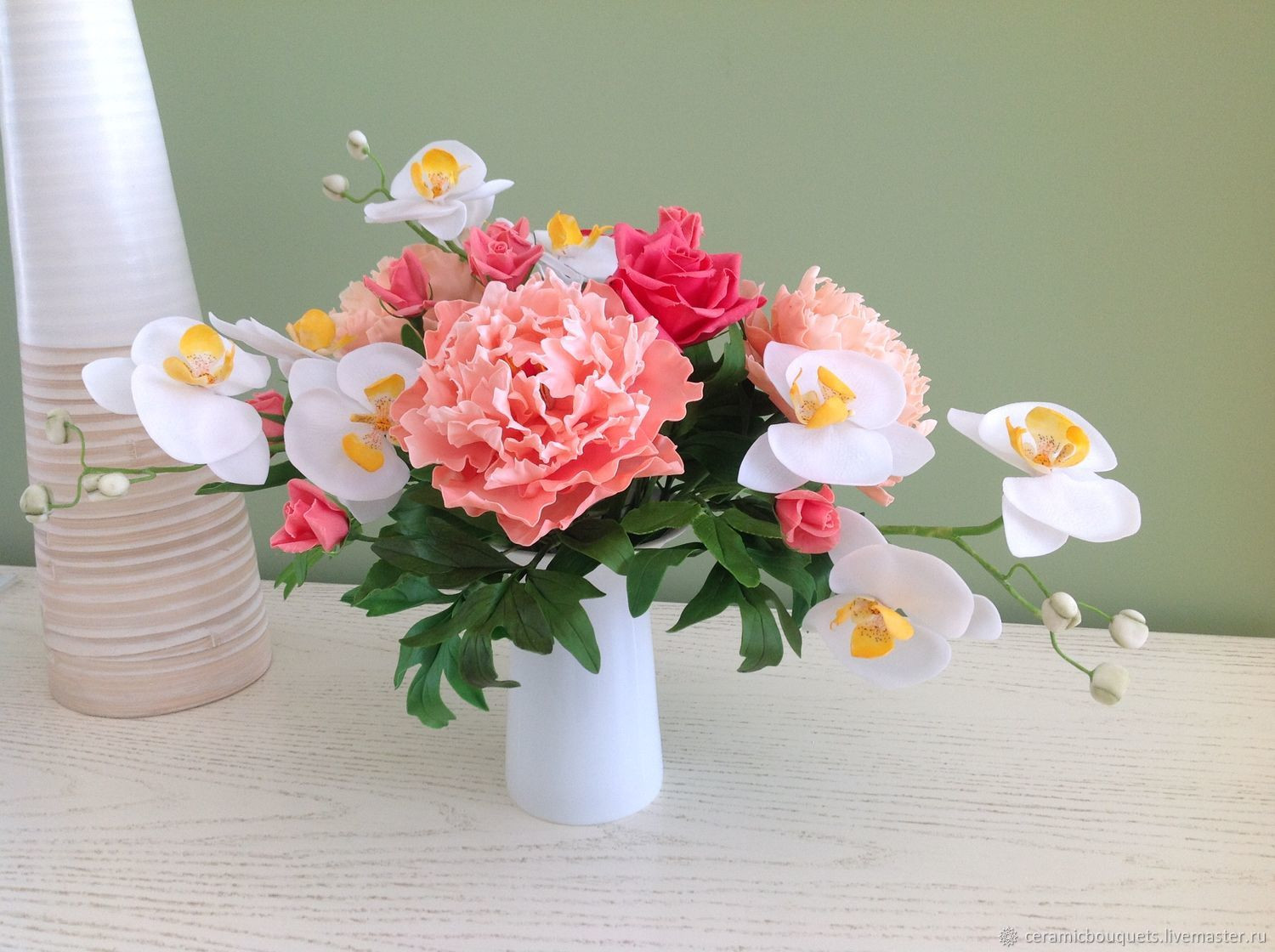 polymer clay vase of bouquet of coral peonies with orchids shop online on livemaster for florist arrangements handmade livemaster handmade buy bouquet of coral peonies with orchids