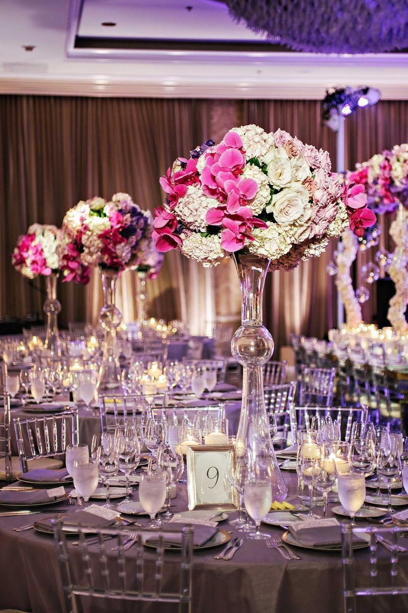 reversible latour trumpet vase of glamorous outdoor ceremony ballroom reception with purple details intended for tall latour trumpet vase with white hydrangea lavender rose and fuchsia orchid centerpiece