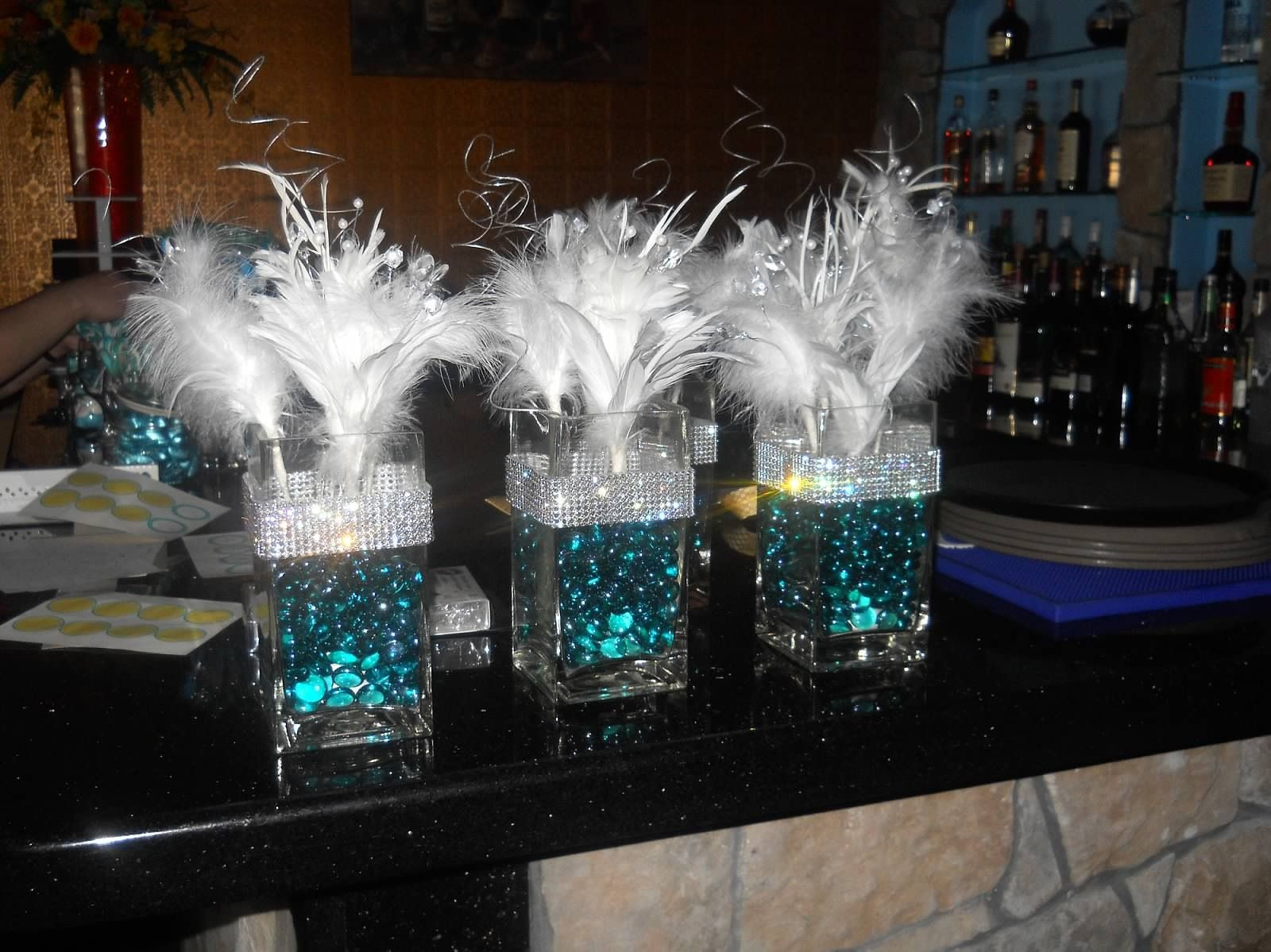 vase filler beads michaels of tiffany themed centerpieces for 30th birthday glass vases were throughout glass vases were purchased online from a glassware and floral website green filler beads were purchased at ac moore feather flowers and silver picks were