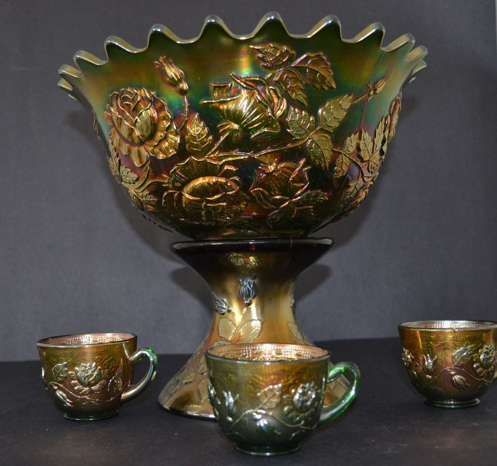 21 Amazing Vintage Brown Glass Vase 2024 free download vintage brown glass vase of fenton carnival glass wreath of roses punch bowl set with three cups intended for the punch bowl is in green and the stand is in amethyst color i believe