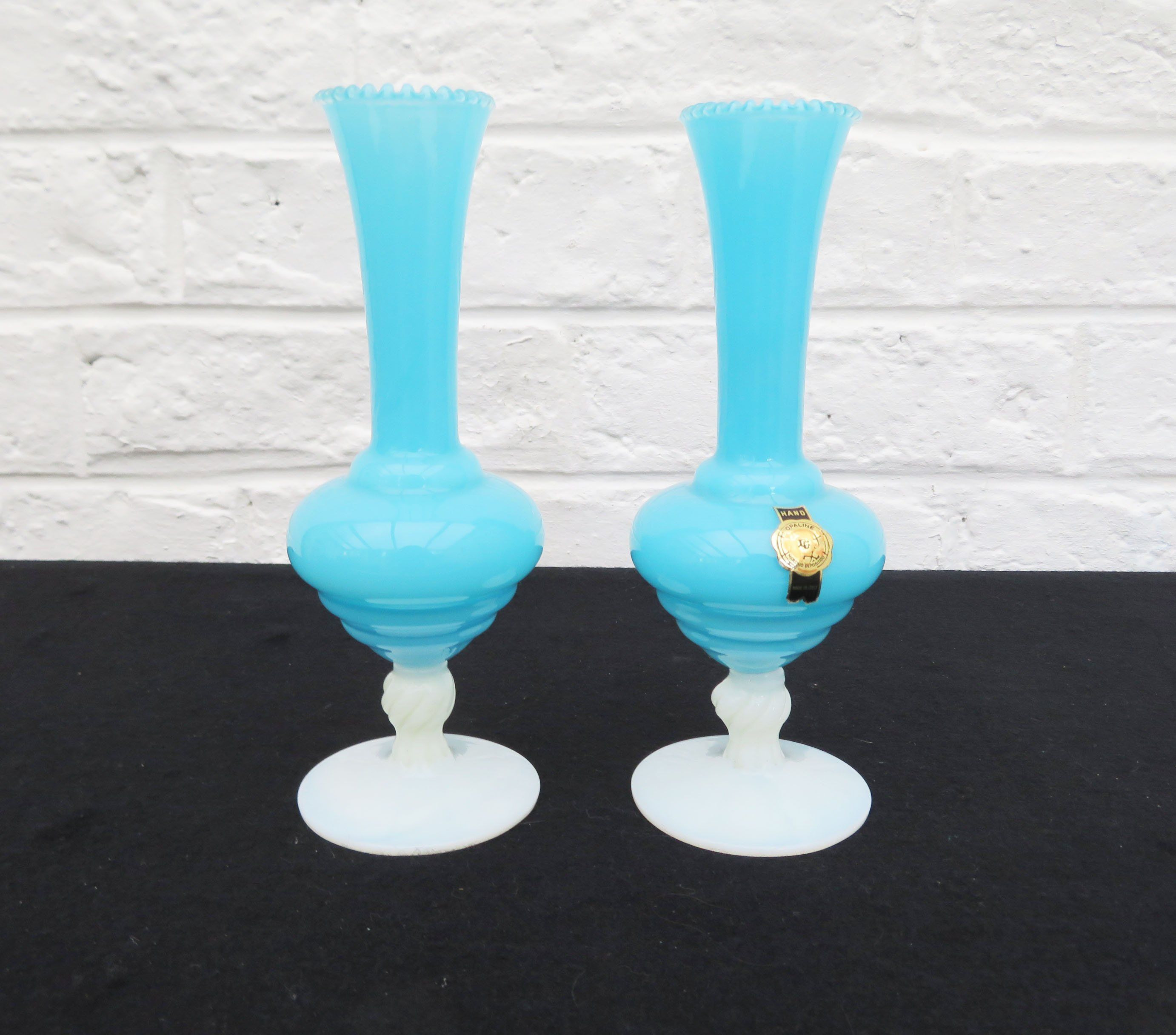 Vintage Tall Blue Glass Vase Of Two Vintage soft Blue Opaline Art Glass Vase White Opalescent Foot for Two Vintage soft Blue Opaline Art Glass Vase White Opalescent Foot Baby Blue Light Blue Opaline Bud Vase Handmade Italy Ruffle top by Ebyvintage On Etsy