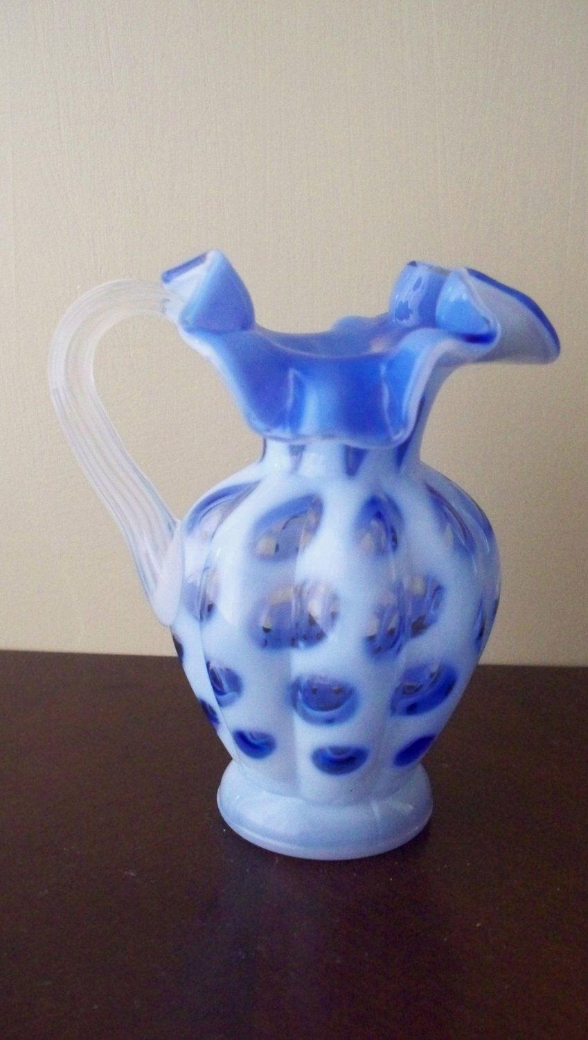 26 Lovely White Milk Jug Vase 2024 free download white milk jug vase of fenton art glass blue coin dot handled pitcher ruffled crimped top pertaining to fenton art glass blue coin dot handled pitcher ruffled crimped top signed mint