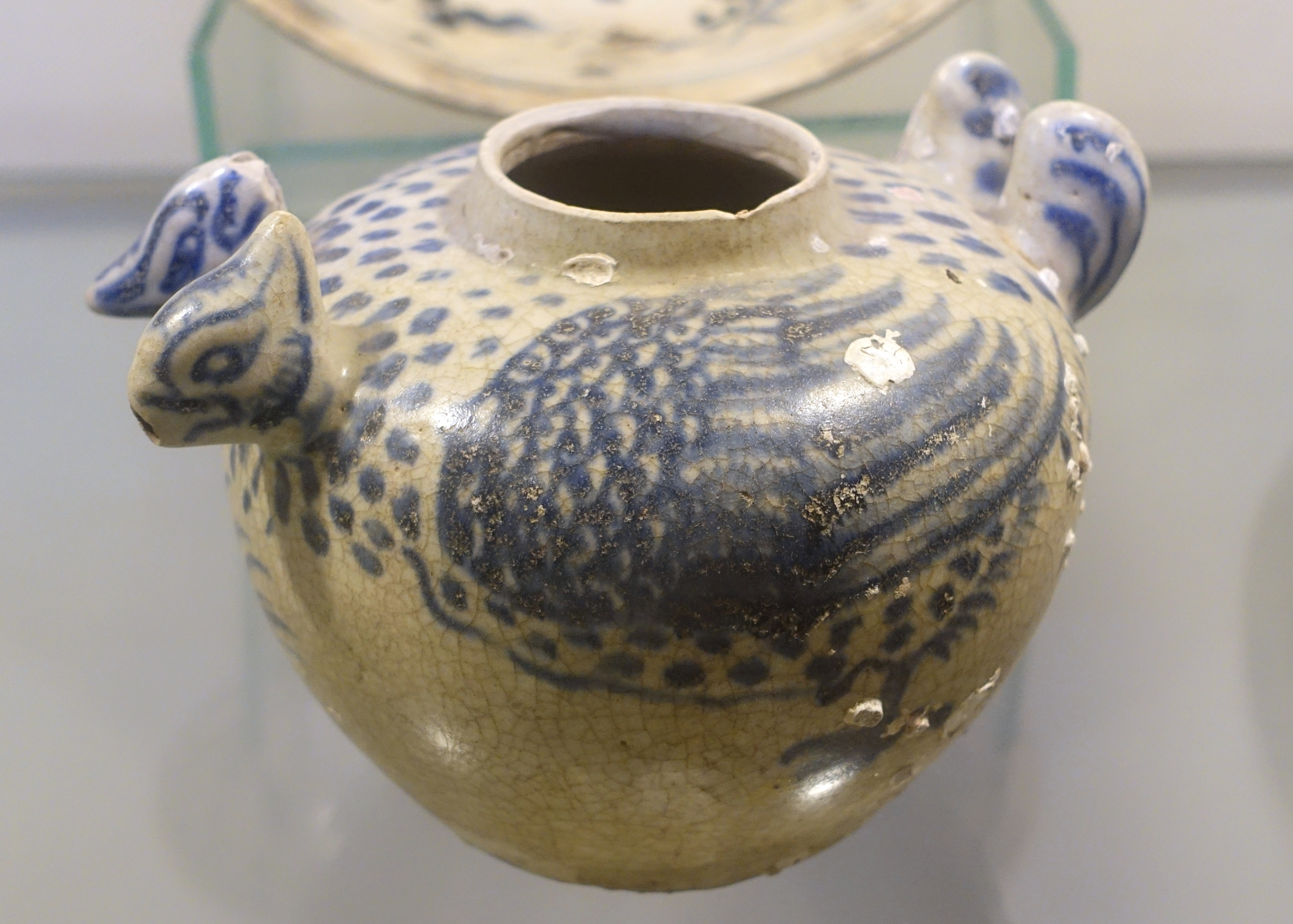 White Pottery Vase Of Filepot Shaped Like Mandarin Duck White Glaze Ceramic with Cobalt Inside Filepot Shaped Like Mandarin Duck White Glaze Ceramic with Cobalt Blue Patterns